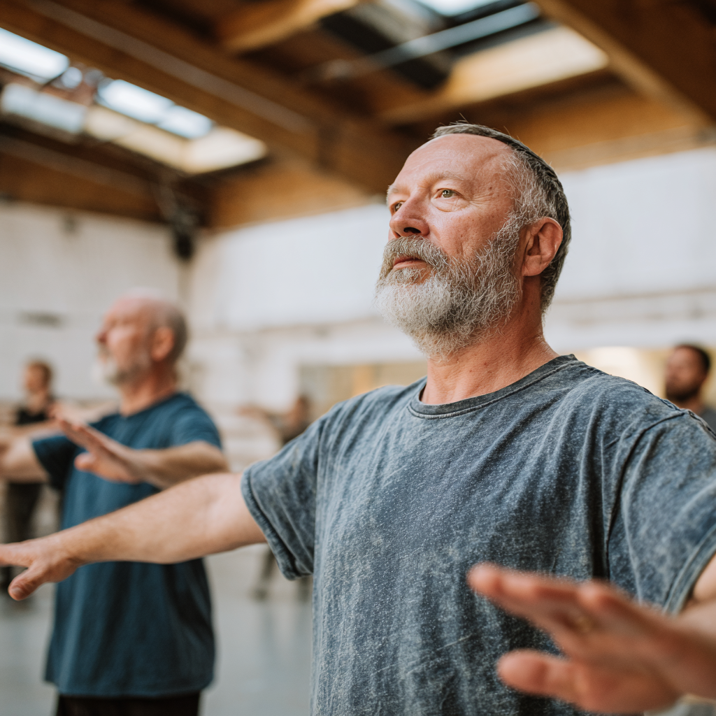focused mature men practicing mindful movement in spacious training environment