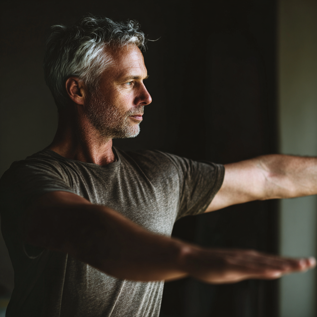 mature man practicing controlled movement exercises in calm indoor environment